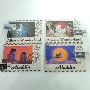 Aladdin Alice In Wonderland 4 Card Fun Disney 100 Carnival Postcard Stamps Vary